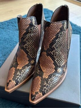 Vince Camuto Brown Snake-Print Pointed Toe Ankle Booties